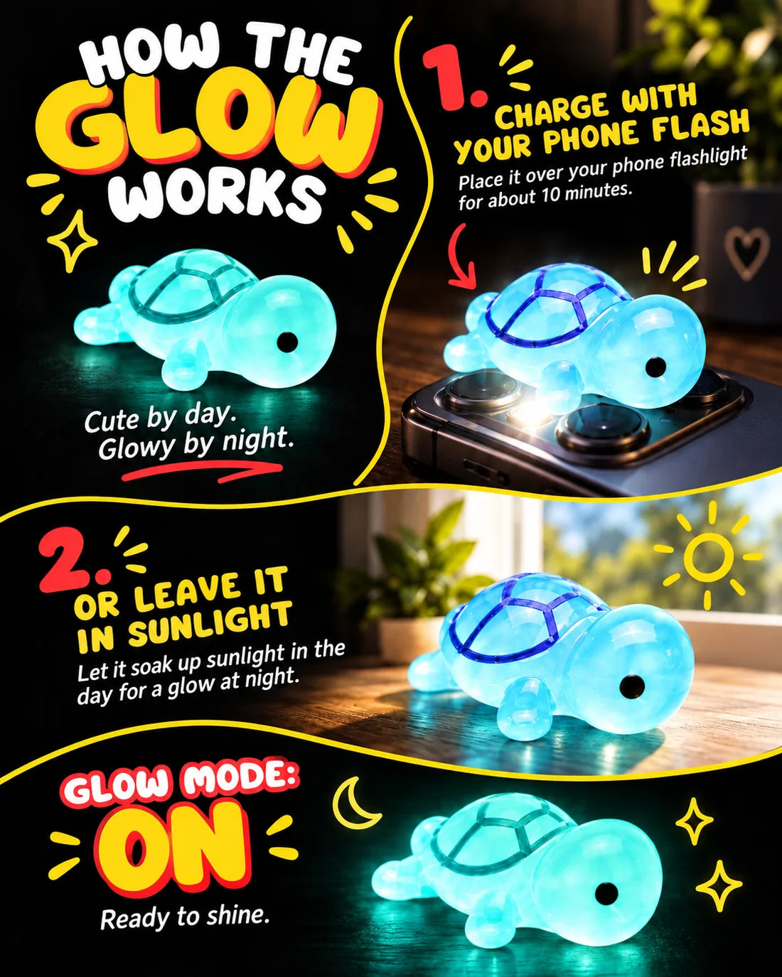 How the glow works: charge it with your phone flashlight for about 10 minutes, or leave it in sunlight, then it glows at night.